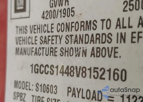 1997 Chevrolet S-10 Fleetside z USA, uszkodzony, nr VIN 1GCCS1448V8152160